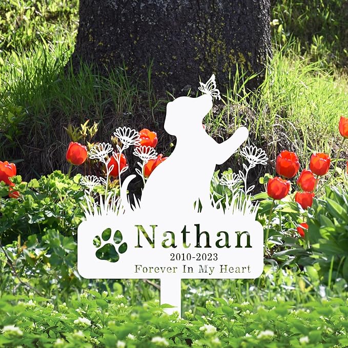 Personalized Flowers Dog Grave Marker Metal Memorial Stake, Custom Paw Butterfly Dog Memorial Grave Marker, Customized Pet Burial Marker for Grave Dog Loss Gifts Dog Statue Memorial Plaque