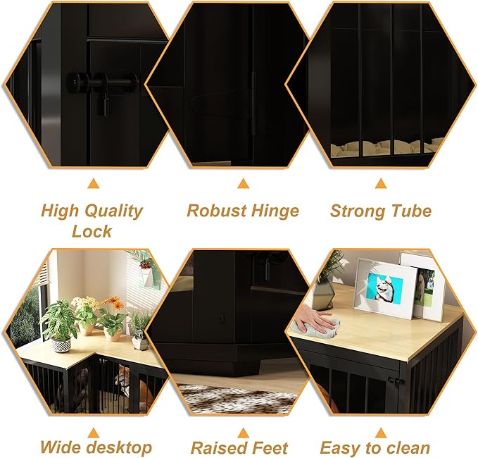 Lovinouse Corner Dog Crate Furniture for 2 Dogs, Indoor Wooden Furniture Style Heavy Duty Large Dog Kennel House with Double Rooms & Divider for Large & Medium Dogs, Black