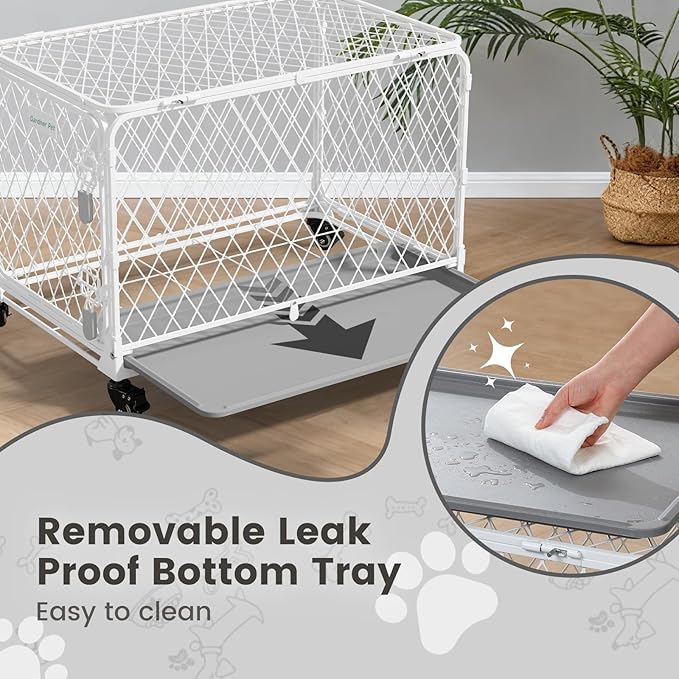42 Inch Collapsible Dog Crate with Diamond Mesh, No-Tool Assembly Foldable Dog Kennel with 4 Lockable Wheels,Removable Tray,Portable Dog Cage for Medium/Large Dogs, Space-Saving, Indoor Outdoor Use