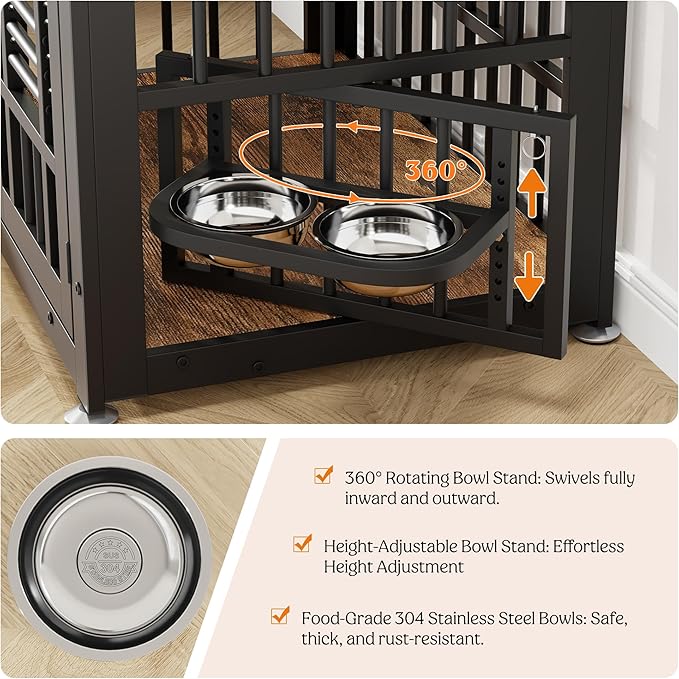 Lulive Dog Crate Furniture 31.5" Wooden Dog Kennel Table with Bowls Heavy Duty Dog Crates for Small/Medium/Large Dogs, Dog Kennel Furniture Indoor as TV Stand End Table,Brown