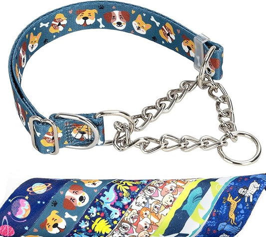 Martingale Collar with Chain, Cute Dog Design Pattern Choke Collar for Medium & Large Dogs (XL)