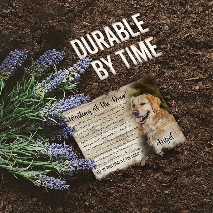 Personalized Dog Memorial Stone - Waiting at The Door Poem Plaque - Pet Loss Sympathy Gift for Dog Passing, Remembrance Keepsake for Mom Dad Friends, in Loving Memory Pet Tribute
