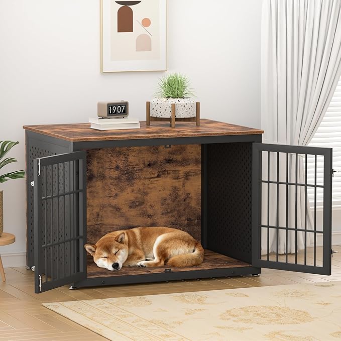 42" Heavy Duty Dog Crate Furniture for Large and Medium Dogs, Enclosed Design Wooden Metal Kennel, Wooden Cage Furniture Indoor, Decorative Dog Kennel End Table