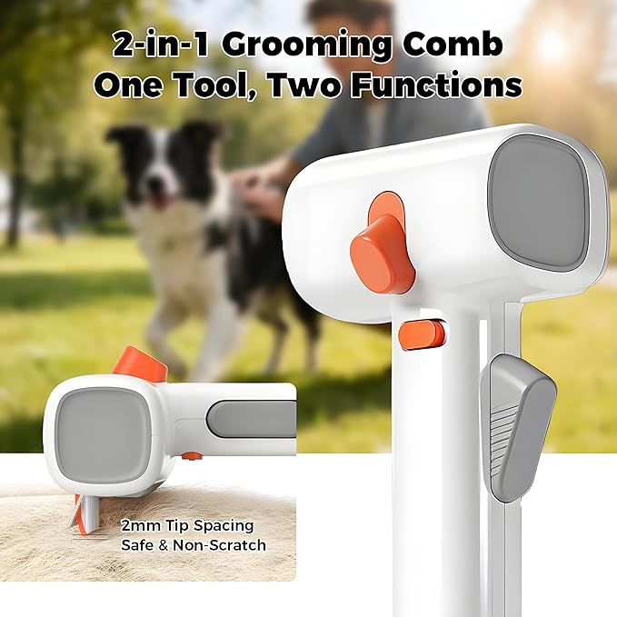 2-in-1 Self Detangling Grooming Comb for Dogs & Cats – Dematting Brush & Undercoat Rake for Long or Short Hair, Effortlessly Removes Mats, Tangles & Loose Fur for a Smooth, Healthy-Looking Coat