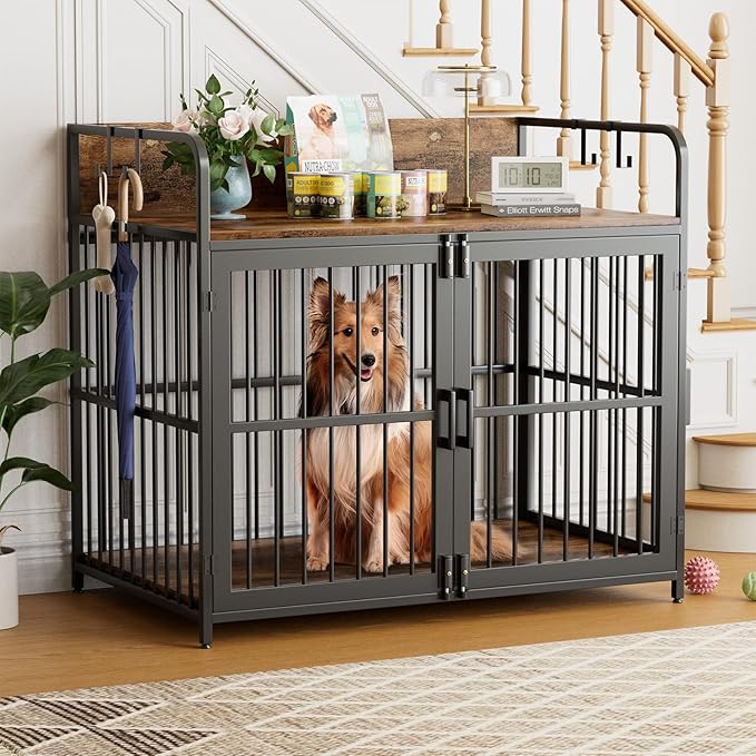 Large Dog Crate Furniture for Dogs, Wooden Decorative Heavy Duty Indoor Dog Kennel with Double Doors for Medium Small Breed, Pet House Dog Cage with Side End Table
