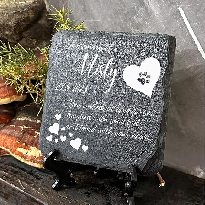 Personalized Individual Square Memorial Plaque + Stand for Pet Cat Dog Slate Stone Frame Paw Grave Marker - Size 3.94" x 3.94" or 100 x 100 mm - Poem