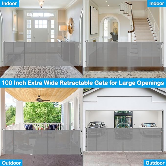 Reinforced 42" Extra Tall X 100" Extra Long Baby Gate for Large Openings with Reinforced Bars Retractable Pet Gate for Dogs Extra Wide Retractable Baby Gate No Sagging Extra Tall Retractable Dog Gate