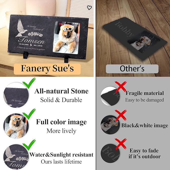 Fanery Sue Custom Cat Memorial Stones with Full Color Image, Dog Memorial Gift Garden Stones, Pet Grave Markers Personalized, All-Natural Memorial Headstone for Pet