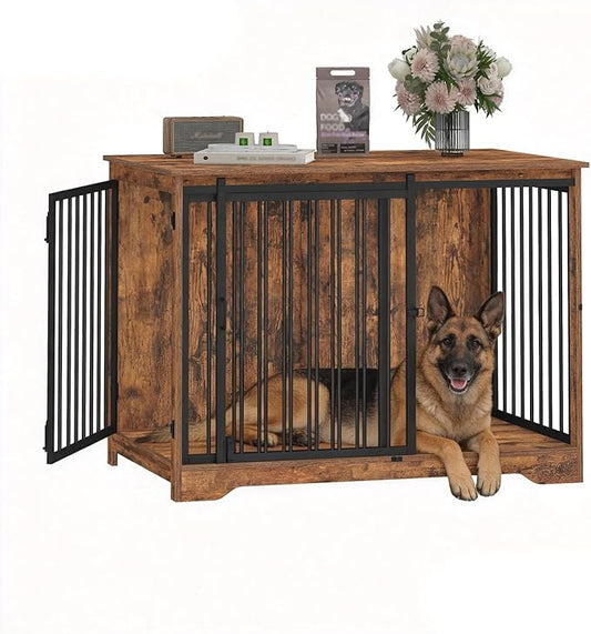 43.3" Dog Crate Furniture with Barn Door, Heavy Duty Dog Kennel Indoor with 2 Doors, Wooden Pet Cage End Table for Large Small Medium Dogs, Anti-Chew Anti-Escape, Rustic Brown DFC92301B