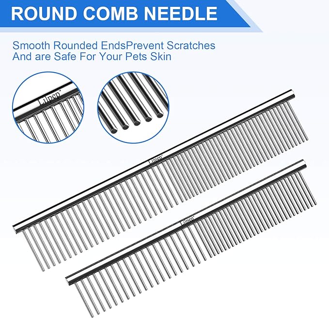Lilpep 2PCS Stainless Steel Metal Dog Comb, For Removing Tangled Mats And Massaging Pet Combs, Professional Pet Grooming Tools
