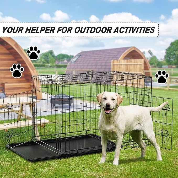 HCY, Dog Crate, Dog Kennel 48 Inch Double Door Metal Crate Foldable Puppy Supplies Cage with Divider Panel, Handle, Plastic Tray for Pet Animals Outdoor Indoor (48 Inch) ,Black, 48In