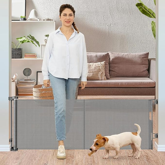 24 Inches Tall Retractable Baby gate for Dogs, Short Pet Gates to Step Over, Extends up to 55" Wide, Reinforced Mesh Doggie Gates for Indoors Outdoors Small Dog Gate for Stairs Puppy Gate (Grey)