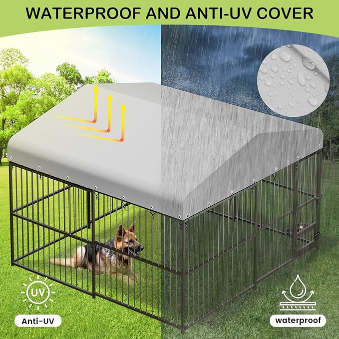10x10x6 FT Outdoor Dog Kennel with Roof, Heavy-Duty Large Dog Cage with Lock, Waterproof Cover & Bowls, Pet Enclosure for Medium & Large Dogs