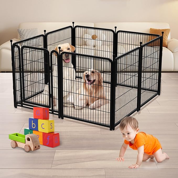 56 in(H) Dog Fence Outdoor for Yard，Wide Door Low Threshold, Decorative Garden Fence Panels, 10 Panels Total 22.1 Ft(L)，No Dig Fencing for Dogs, Black