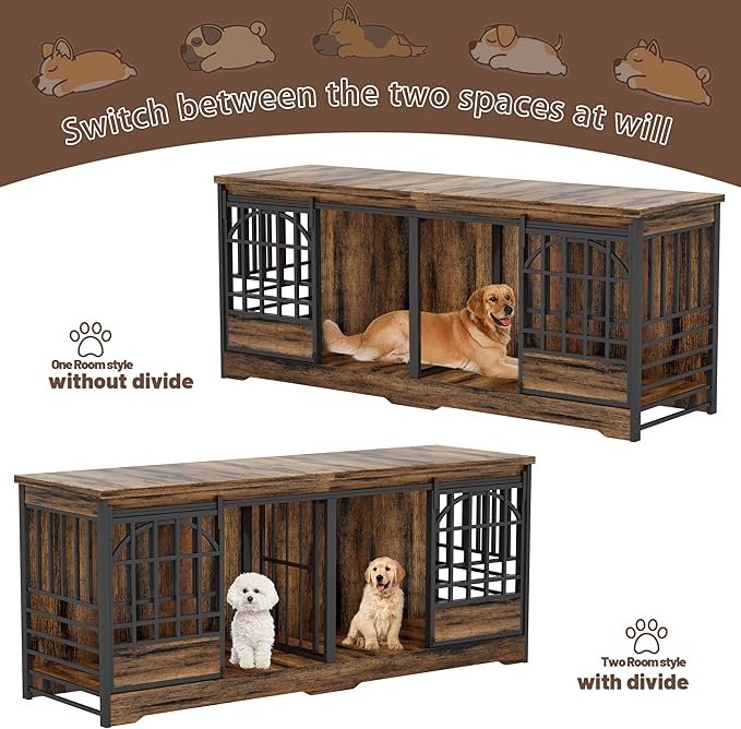 COZPAW 78 Inch Double Dog Crate Furniture, Extra Large Dog Kennel Indoor for 2 Dogs, Heavy Duty Dog Cage with Divider, Wooden Dog House Decorative Table TV Stand for XLarge Dogs (Cognac Brown)
