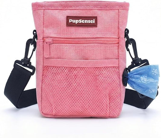 Dog Treat Pouch for Training – Magnetic Dog Treat Bag with Belt Clip & Poop Bag Dispenser – Hands Free Carry Pouch with Auto-Close Access & Shoulder Strap – Durable Pet Gear –Light Pink