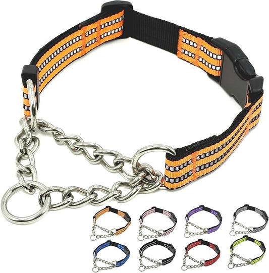 Martingale Dog Collars, Reflective Nylon Collar with Stainless Steel Chain, Adjustable Walking Training Dog Collars with Quick Release Buckle, Suitable for Small Medium Large Dogs(Orange,XL)