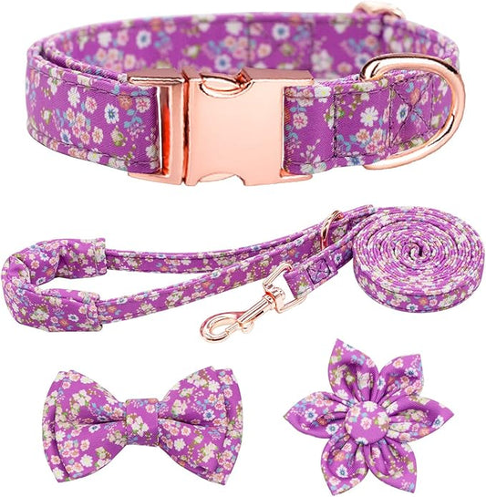 Dog Collar and Leash Set Girls Adjustable Puppy Collars with Floral Bow Tie for Small Medium Large Female Dogs, Purple, L