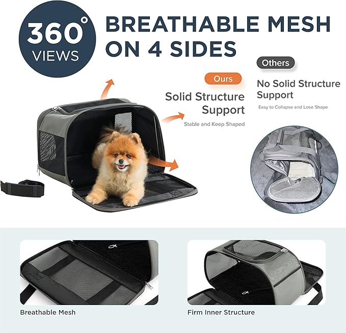 Lesure Cat Dog Carrier Airline Approved - Dog Carrier for Small Dogs Collapsible Soft Side TSA Approved Travel Pet Carrier for Car, Grey, 17.5x11x11