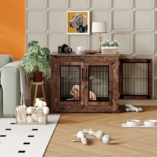 Double-Door Pet Crate Furniture, 31 Inch Indoor Dog House, Heavy Duty Wooden Kennel Side Table with Rustic Brown Finish, Chew-Resistant Dog Cage for Small Medium Dogs, Decorative End Table for Bedroom