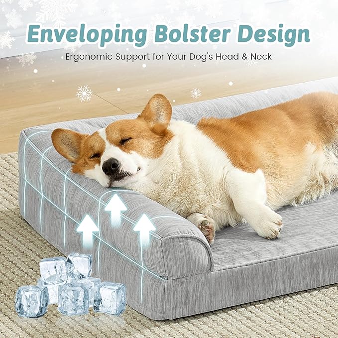 Cooling Dog Bed, Orthopedic Foam Dog Bed with Sides, Removable Cover & Waterproof Lining and Nonskid Bottom, Comfortable Pet Beds for Dogs, Grey (30" L x 20" W x 6" Th)