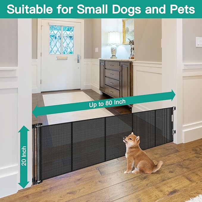 20 Inch Tall x 80 Inch Extra Wide Retractable Dog Gate to Step Over, Short Pet Gate for Doorways, Small Dog Gates Indoor Outdoor Puppy Gates for Stairs Short Mesh Gates for Large Openings (Black)