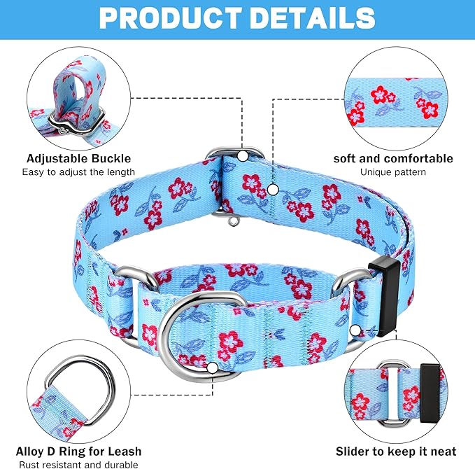 Hikiko Martingale Dog Collar with No Buckle Cute Girl Flower Dog Collars Comfortable Nylon Choke Collar for Puppy Dogs,Light Blue Flower,XS