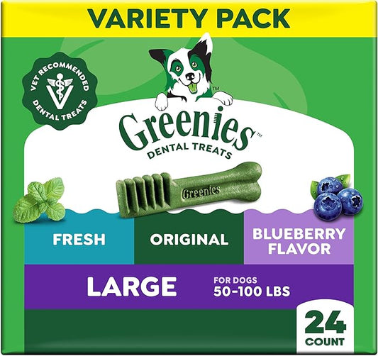 Greenies Dog Treats, Veterinarian-Recommended Natural Dental Dog Treats, Large Size, Variety Pack Flavor, (3) 12 oz. Packs, 24 Count