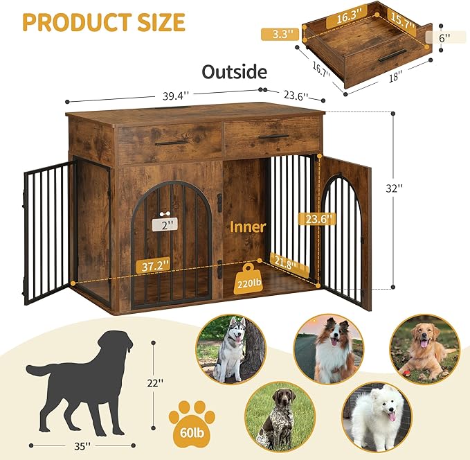 39.4'' Dog Crate Furniture with 2 Drawers, Indoor Dog Kennel with Charging Station, Wooden Dog Cage Side End Table Kennel for Medium/Large Dogs, Rustic Brown DFC84201B
