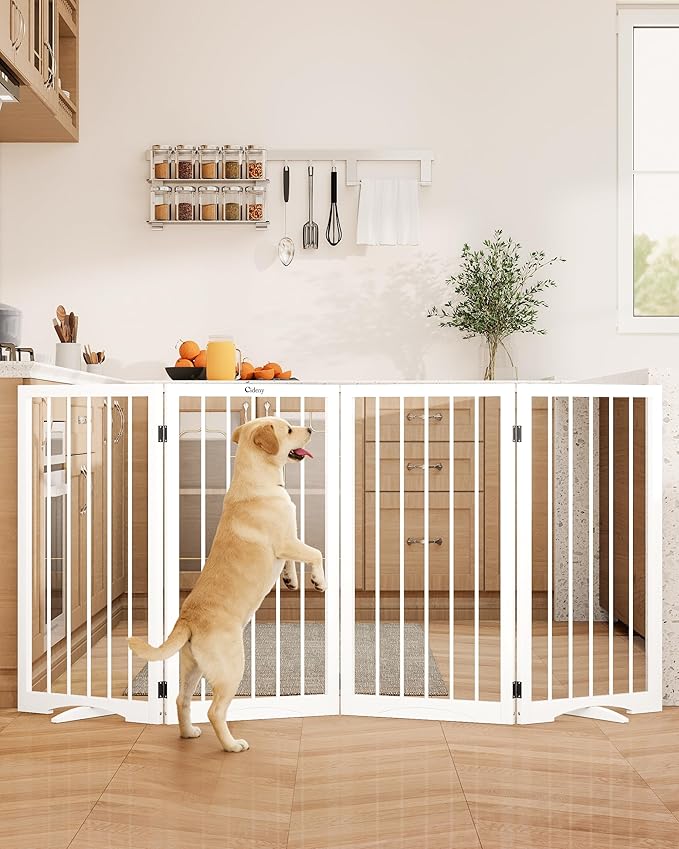 32" Extra Tall Freestanding Dog Gate, Foldable Pet Gate for Doorways Stairs Hallways, 4-Panel Dog Fence with Support Feet for Stability, Folding Puppy Gate Easy to Carry No Drilling 72"x32"