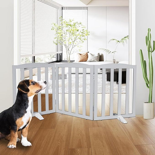 ZJSF Foldable Freestanding Indoor Dog Gate for House Wood Long Pet Gates Dog Fence for Stairs Puppy Gates for Hallways, Puppy Gate,Support Feet Included, Grey, 24 "Height-3 Panels
