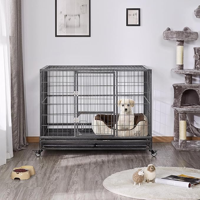 Yaheetech 43In Large Dog Crate, Heavy Duty Metal Dog Kennel Collapsible Open Top Pet Cage Kennel with Double Doors, Prevent Escape Locks, Lockable Wheels, Double Tray Indoor Outdoor, Extra Large XL