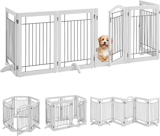 Yaheetech 32-inch Tall Dog Gate with Door Extra Wide Pet Gate for Dogs, Foldable Wire & Wooden Puppy Safety Fence w/3 Support Feet,Freestanding Dog Gate for The House, Doorway, Stairs(White,6 Panels)
