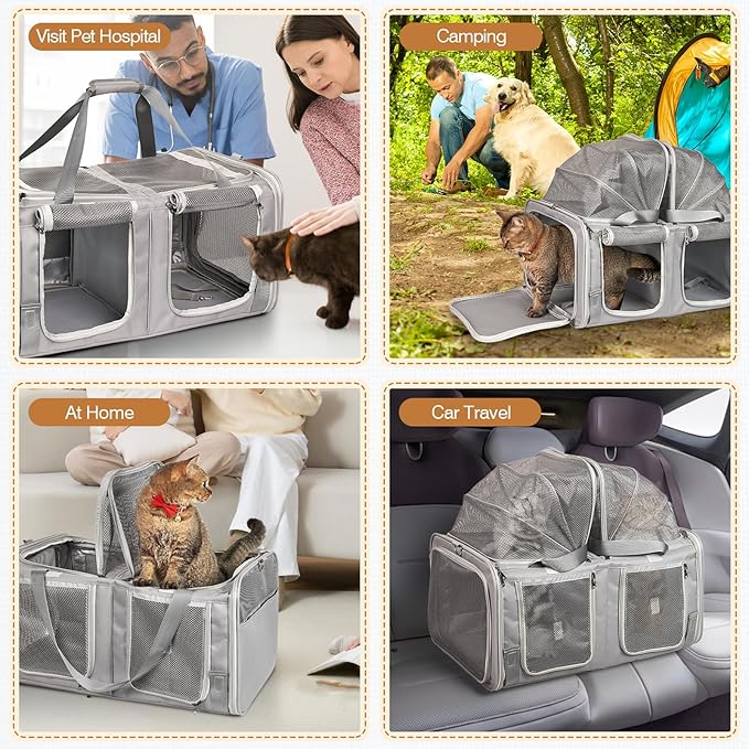 Cat Carrier for 2 Cats with Litter Box, Large Cat Travel Carrier for Car Travel, Double-Compartment Soft Pet Carrier with Breathable Mesh, up to 30lb - for Car, Vet Visits & Camping