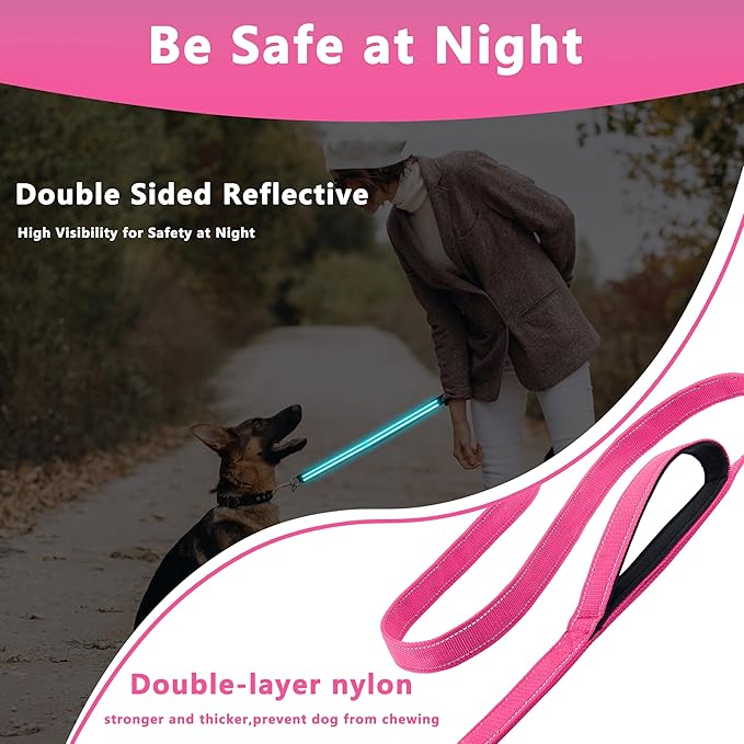 Dog Leash 5ft Long, Double Handle Dog Leash for Safety Control Training, Heavy Duty Dog Leads with Traffic Padded Handles, Reflective Leashes for Small Medium Large Dogs(5ft, Hotpink)