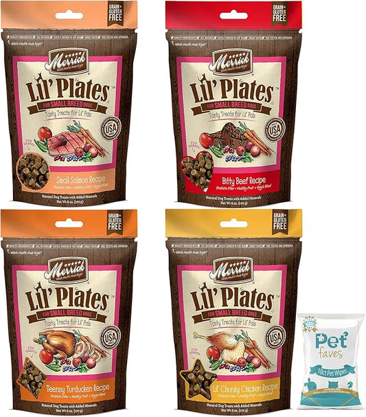 (4 Pack) Merrick Lil Plates Small Breed Natural Grain Free Dog Treats, 5 oz Pouch - Salom, Beef, Turducken, Chicken and 10ct Pet Wipes