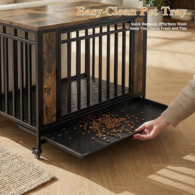 Medium Dog Crate Furniture with Removable Tray & Iron Door, 39" Heavy Duty Indoor Dog House Furniture Side Table with Lockable Wheels, Wooden Pet Kennel Crate for Medium Small Dogs (Black)