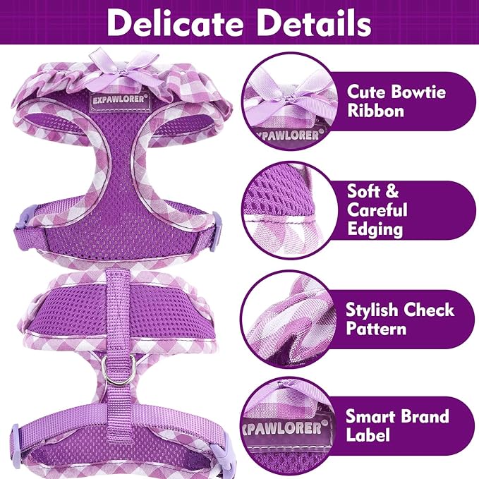 EXPAWLORER Cute Dog Harness Collar Leash Set - Purple Girl Dog Harness Checkered Step-in Design, Detachable Bow Pet Collar, Adjustable No-Choke Lightweight Mesh Vest for Cats Puppy Small Dogs, S
