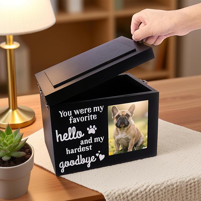 Memorial Pet Urn for Dog Ashes, Wooden Pet Keepsake Box with Photo Frame, Flannel Bag & Keychain, Sympathy Gift for Pet Loss (Medium 7.9x5.9x5.5in)