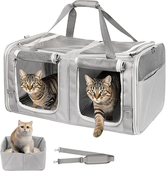 Cat Carrier for 2 Cats with Litter Box, Large Cat Travel Carrier for Car Travel, Double-Compartment Soft Pet Carrier with Breathable Mesh, up to 30lb - for Car, Vet Visits & Camping