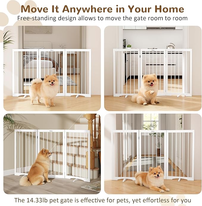 32" Extra Tall Freestanding Dog Gate, Foldable Pet Gate for Doorways Stairs Hallways, 3-Panel Dog Fence with Support Feet for Stability, Folding Puppy Gate Easy to Carry No Drilling 54"x32"