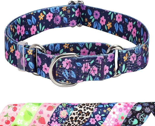 Martingale Dog Collar for Small Medium Large Breed Pet Dogs No-Slip Escape Proof Choke No Pull Cinch Soft Nylon Soft Webbing Dog Collar for Male and Female Purple Flowers M