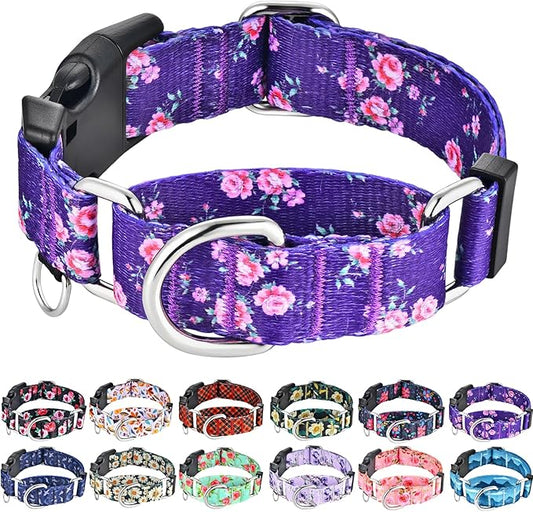Martingale Collar for Dogs with Buckle Floral Dog Collar Girl Female Soft Nylon Dog Collars for Small Medium Large Dogs (Purple Flower, L)