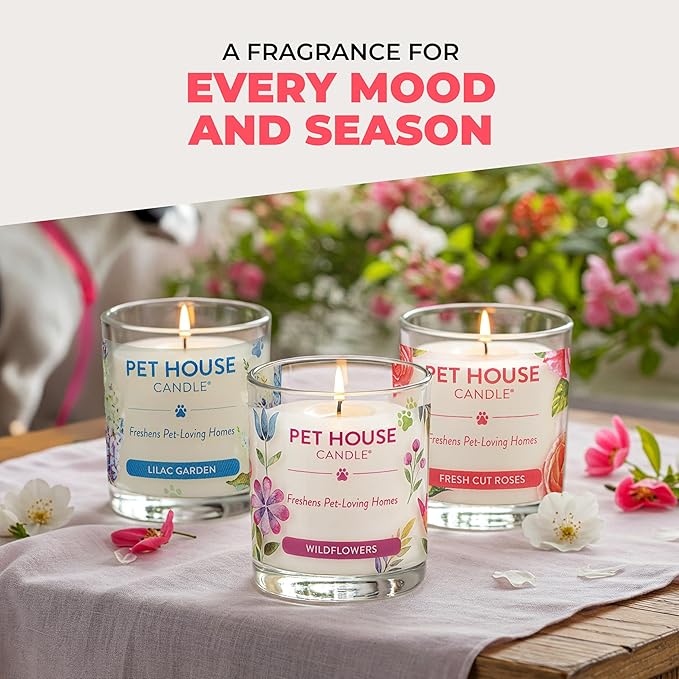 Pet House Candles, Clean Long-Burning, Scented Pet Friendly Candles, Plant-Based, 60 Hour Burn Time - Fresh Cut Roses, 9 oz