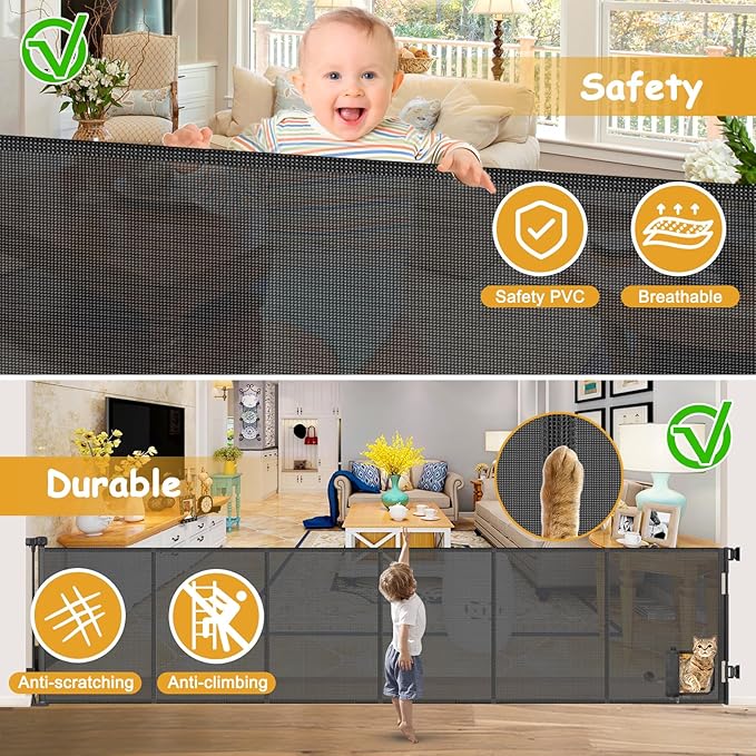Reinforced 150” Extra Wide Retractable Baby Gate with Cat Door 12.5ft Outdoor Pet Gates for Wide Openings 33 Inch Tall Retractable Dog Gates for Doorways Long Pet Gate Indoor with Cat Door, Black