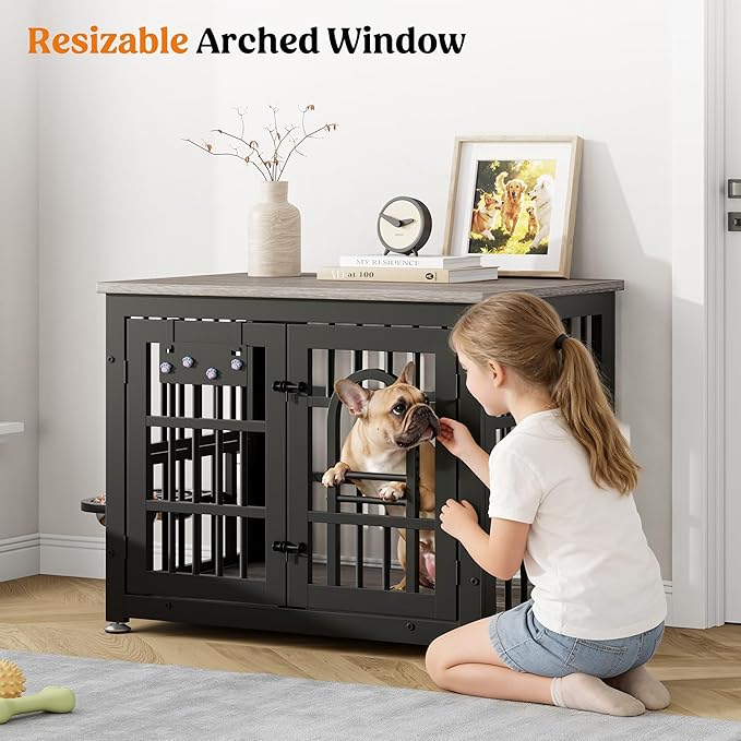 Lulive Dog Crate Furniture 31.5" Wooden Dog Kennel Table with Bowls Heavy Duty Dog Crates for Small/Medium/Large Dogs, Dog Kennel Furniture Indoor as TV Stand End Table,Grey