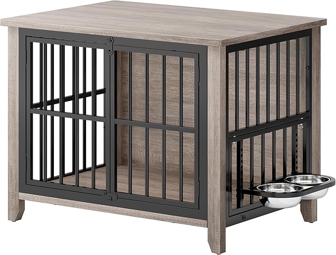 31.5" Dog Crate Furniture, Wooden Dog Kennel Indoor with 360° Rotating Feeder and 2 Adjustable Bowls, Decorative Side End Table Dog Cage for Medium and Small Dogs, Grey