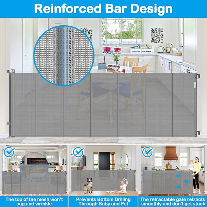 Reinforced 42" Extra Tall X 159" Extra Wide Baby Gate Retractable Baby Gates Prevent Babies and Dogs from Squeezing Through Tall Retractable Dog Gate Outdoor 13.25ft Long Child Gates for Doorways,Gray