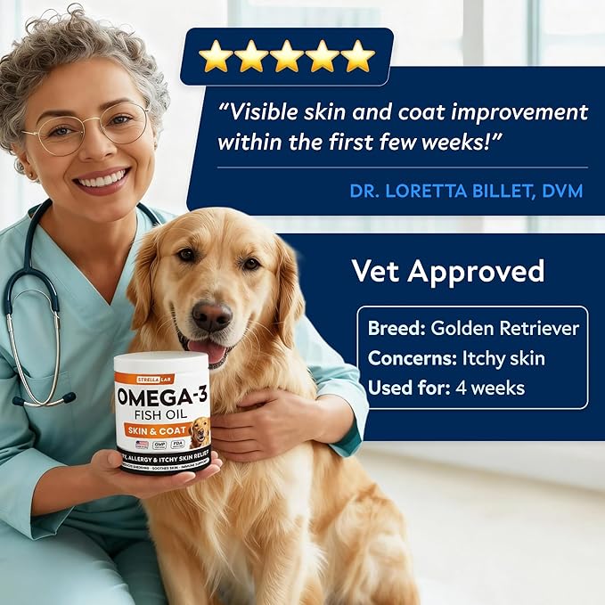 STRELLALAB Omega 3 for Dogs - (180Ct) Fish Oil Treats - Allergy & Itch Relief Skin & Coat Supplement - Dry Itchy Skin, Anti Shedding & Hot Spots Treatment - Pet Salmon Oil Chews - Chicken Flavor