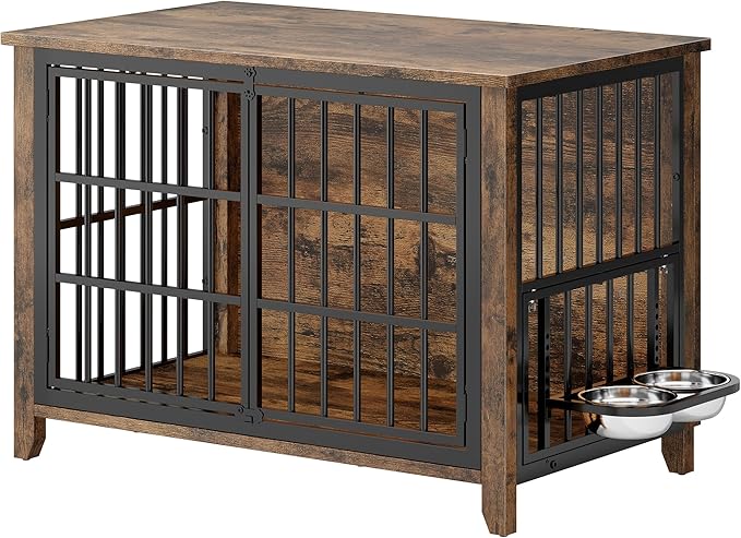 37.7" Dog Crate Furniture, Wooden Dog Kennel Indoor with 360° Rotating Feeder and 2 Adjustable Bowls, Decorative Side End Table Dog Cage for Medium Dogs, Rustic Brown
